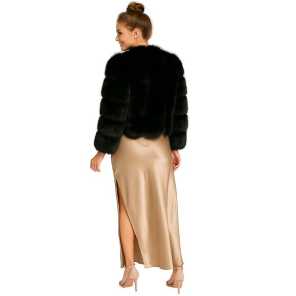 Black Faux Fur Tailored Jacket M Size 6 Lightweight Soft Short Elegant Coat New - Picture 3 of 14